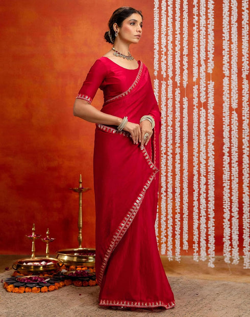 Vasthrlay Sequence Embroidery Unstitched Red Saree