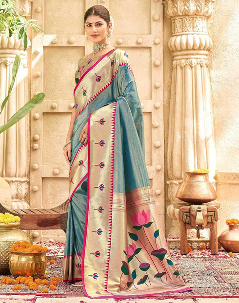 Vasthrlay Paithani Kanjivaram Unstitched Pink Saree