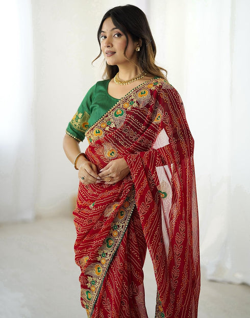 Vasthrlay Georgette Embroidery Red Saree With Unstitched Blouse Piece