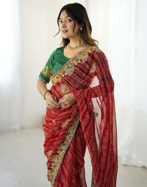 Vasthrlay Georgette Embroidery Unstitched Red Saree