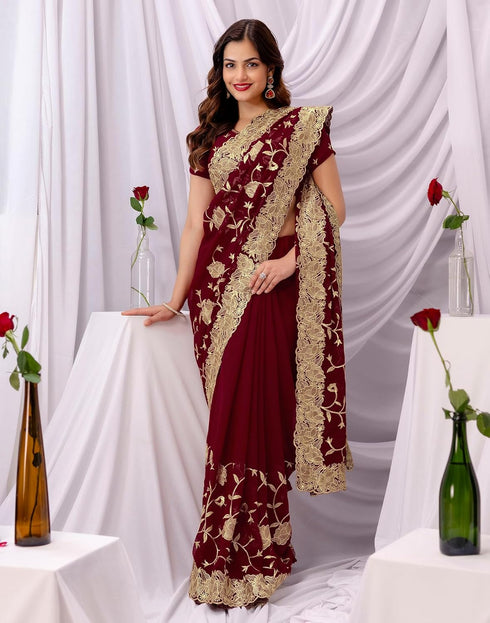Vasthrlay Georgette Embroidery Unstitched Maroon Saree