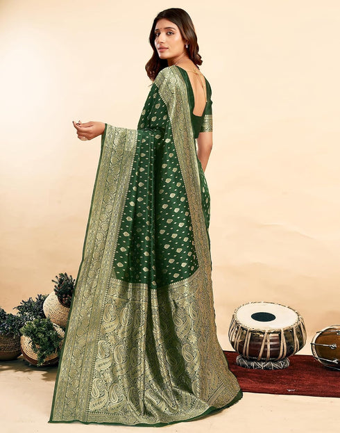 Vasthrlay Kanjivaram Banarasi Wedding Dark Green Saree With Unstitched Blouse Piece