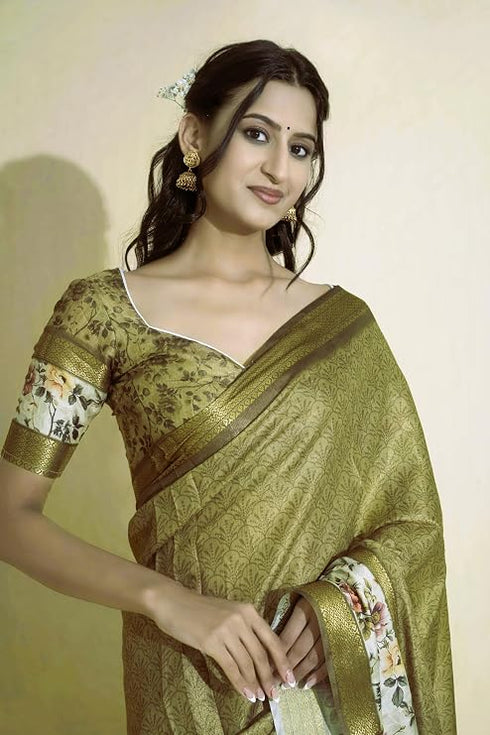 Vasthrlay Antique Gold Abstract Floral Polyester Saree With Zari Border And Ruched Unstitched Blouse Piece