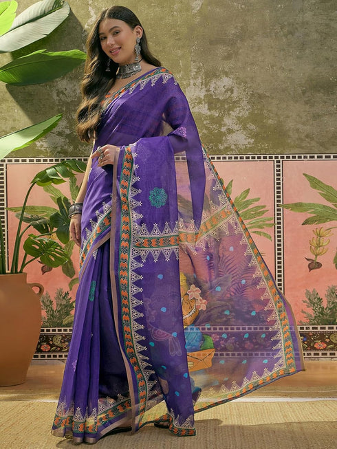 Vasthrlay Womens Printed Beige Saree With Brown Unstitched Blouse Piece