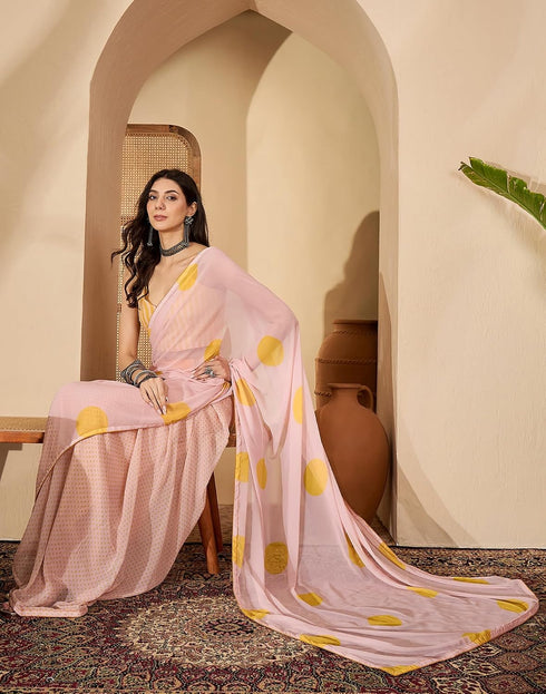 Vasthrlay Georgette Printed Pink Saree With Unstitched Blouse Piece