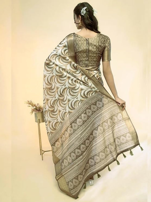 Vasthrlay Bronze Cream Geometric Triangle Print Polyester Saree With Muted Gold Zari Border And Teal Blue Ruched Unstitched Blouse Piece