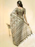 Vasthrlay Bronze Cream Geometric Triangle Print Polyester Saree With Muted Gold Zari Border And Teal Blue Ruched Unstitched Blouse Piece