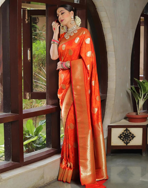 Vasthrlay Kanjivaram Banarasi Wedding Orange Saree