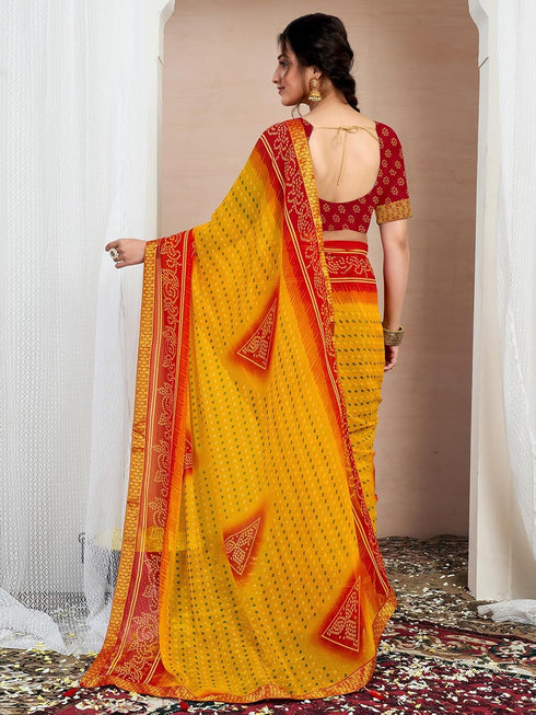 Vasthrlay Chiffon Bandhani Unstitched Yellow Saree