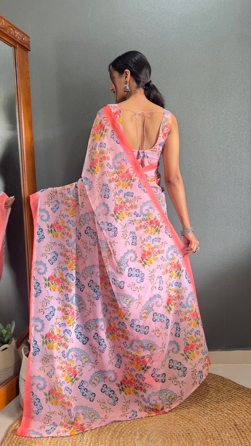 Vasthrlay Pink Georgette Printed Unstitched Saree