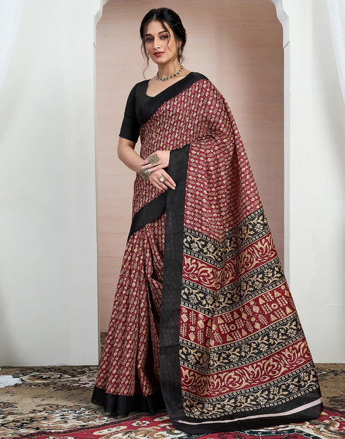 Vasthrlay Bandhani Printed Maroon Saree With Black Unstitched Blouse Piece