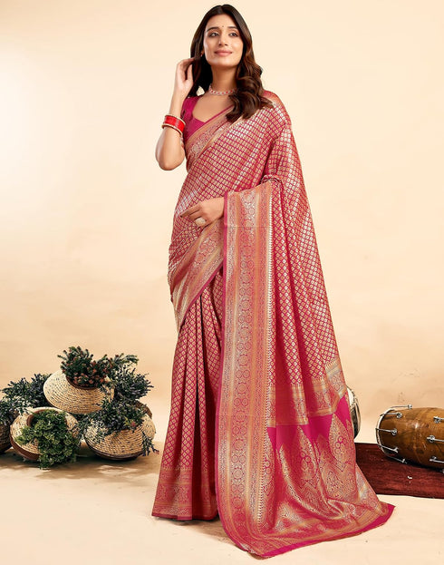 Vasthrlay Kanjivaram Banarasi Wedding Pink Saree With Unstitched Blouse Piece