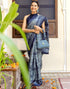 Vasthrlay Womens Printed Grey And Blue Saree With Unstitched Blouse Piece