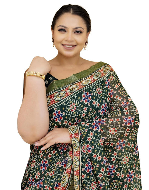 Vasthrlay Georgette Bandhani Olive Saree With Black Unstitched Blouse Piece