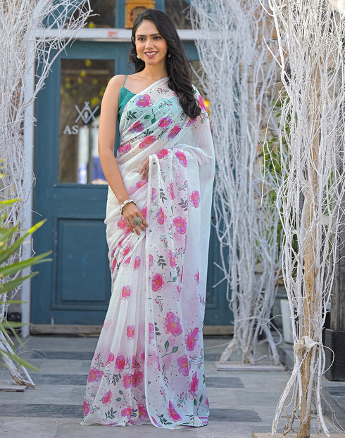 Vasthrlay Womens Printed White | Pink Saree With Unstitched Blouse Piece