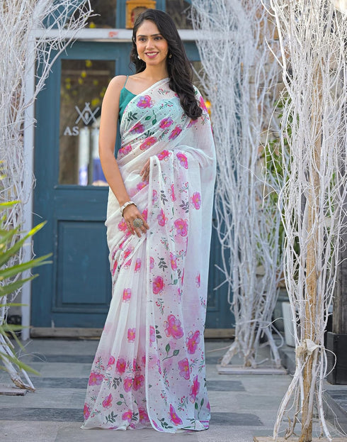 Vasthrlay Womens Printed Unstitched Off White Saree