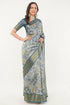 Vasthrlay Slate Blue Patchwork Print Polyester Saree With Zari Border And Unstitched Blouse Piece