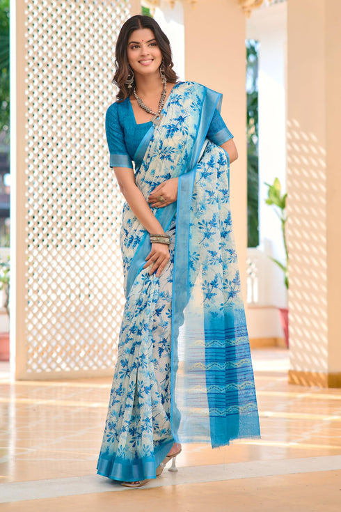 Vasthrlay Sky Blue Printed Unstitched Saree