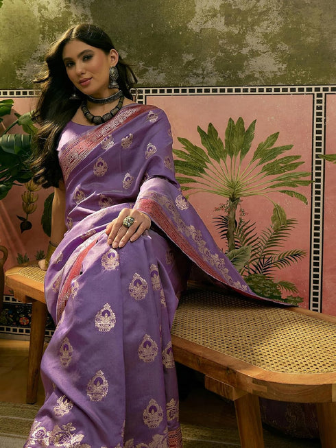 Vasthrlay Banarasi Weaving Purple Saree With Unstitched Blouse Piece