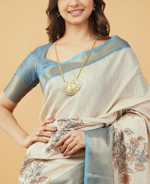 Vasthrlay Cream Dusty Blue Textured Polyester Saree With Kalamkari Floral Border And Ruched Unstitched Blouse Piece