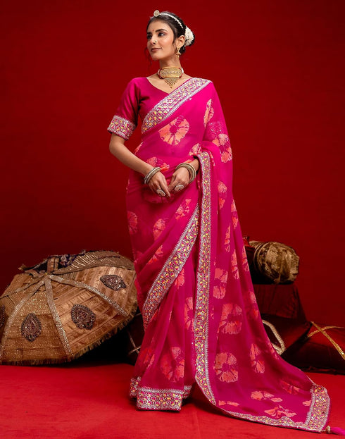 Vasthrlay Bandhani Embroidery Pink Saree With Unstitched Blouse Piece