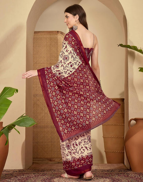 Vasthrlay Womens Printed Maroon And Beige Saree With Unstitched Blouse Piece