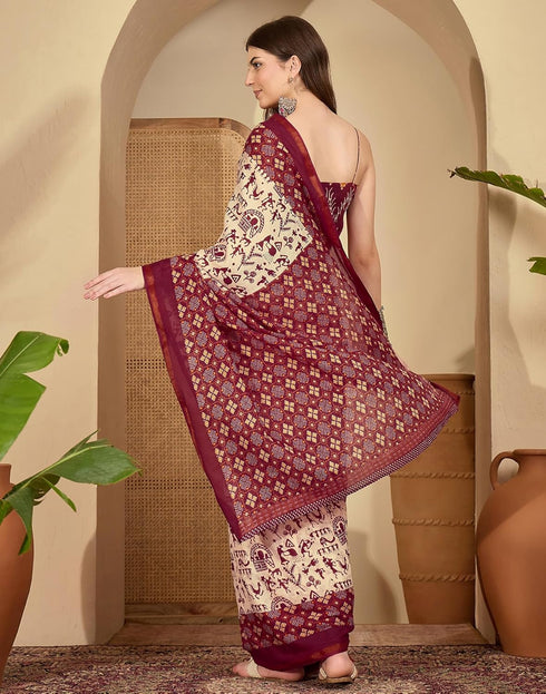 Vasthrlay Womens Printed Unstitched Maroon Saree