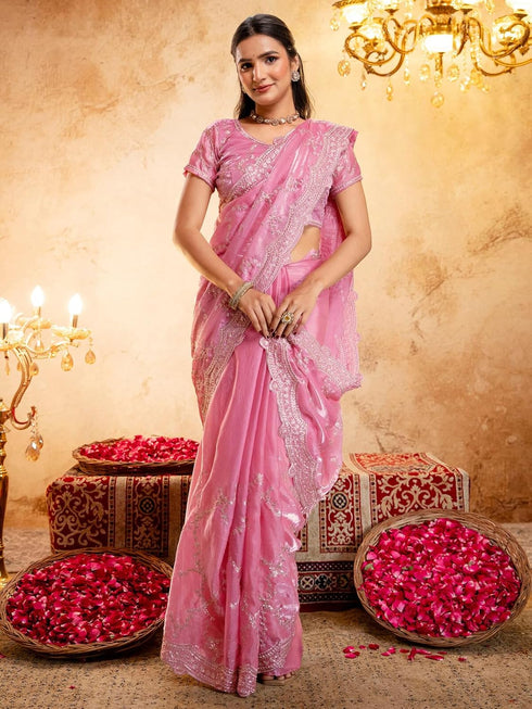 Vasthrlay Scalloped Embroidery Unstitched Light Green Saree