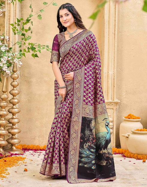 Vasthrlay Womens Weaving Purple | Gold Saree With Unstitched Blouse Piece