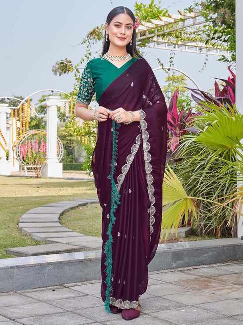 Vasthrlay Georgette Scalloped Teal Saree