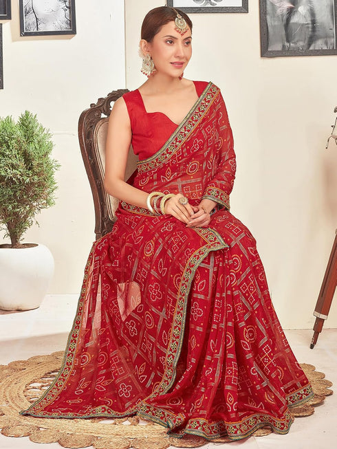 Vasthrlay Georgette Bandhani Printed Sequence Embroidery Dark Red Saree With Unstitched Blouse Piece