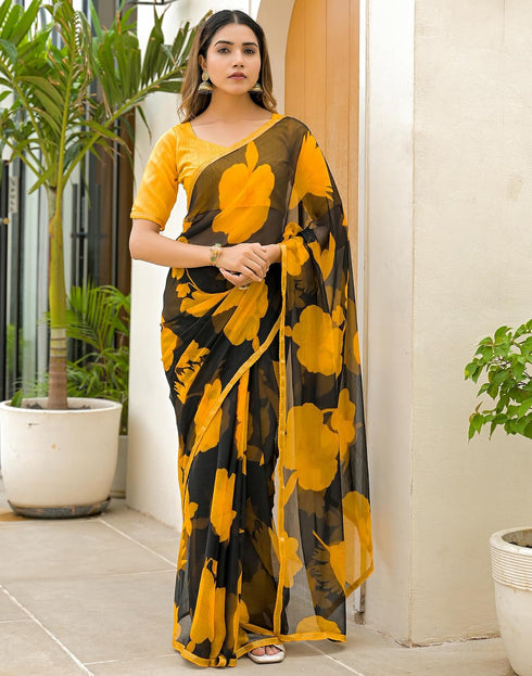 Vasthrlay Chiffon Blouse Black | Yellow Saree With Unstitched Blouse Piece