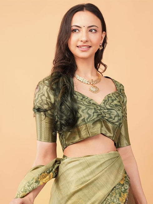 Vasthrlay Metallic Gold Textured Polyester Saree With Kalamkari Floral Panel| Zari Border And Unstitched Blouse Piece