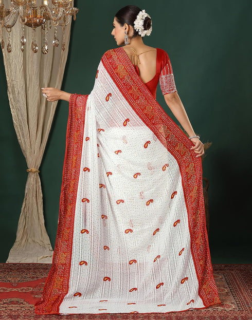 Vasthrlay Georgette Bandhani Red And White Saree With Unstitched Blouse Piece