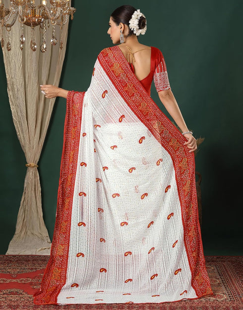 Vasthrlay Georgette Bandhani Unstitched White Saree