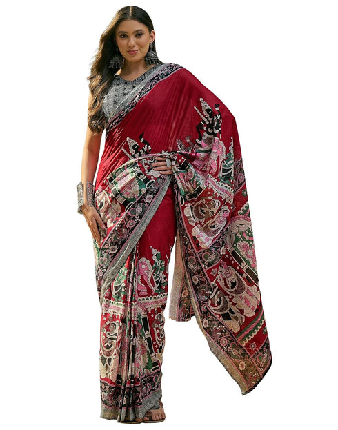 Vasthrlay Womens Printed Maroon | Multi Saree With Unstitched Blouse Piece