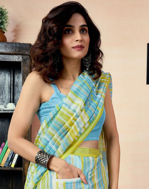 Vasthrlay Printed Chanderi Teal Green And Blue Saree With Unstitched Blouse Piece
