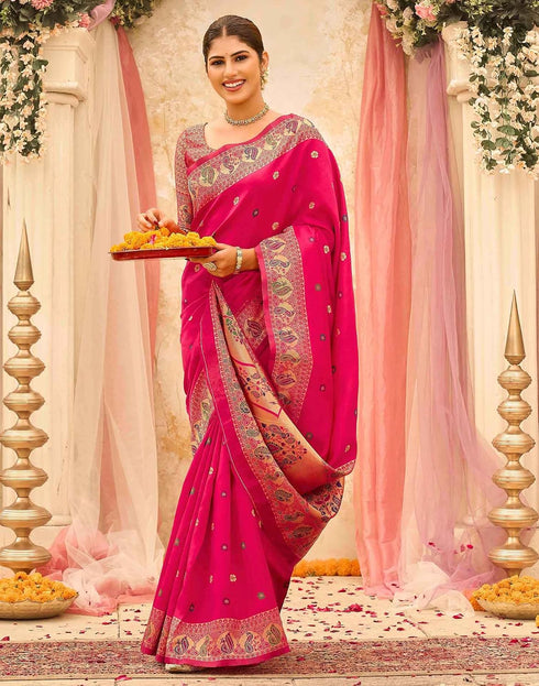 Vasthrlay Weaving Paithani Pink | Gold Saree With Unstitched Blouse Piece