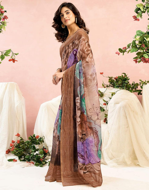 Vasthrlay Chanderi Printed Dark Brown Saree With Unstitched Blouse Piece