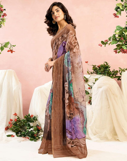 Vasthrlay Chanderi Printed Unstitched Beige Saree
