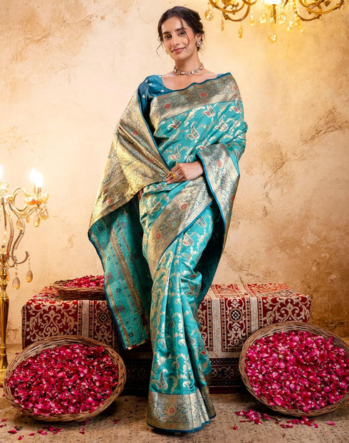 Vasthrlay Jacquard Banarasi Unstitched Mustard Saree