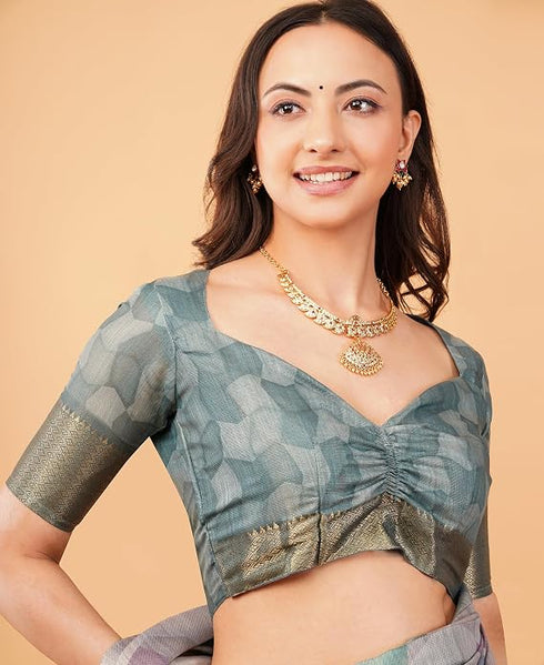 Vasthrlay Multicolour Geometric Triangle Print Polyester Saree With Muted Gold Zari Border And Teal Blue Ruched Unstitched Blouse Piece