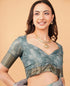 Vasthrlay Multicolour Geometric Triangle Print Polyester Saree With Muted Gold Zari Border And Teal Blue Ruched Unstitched Blouse Piece