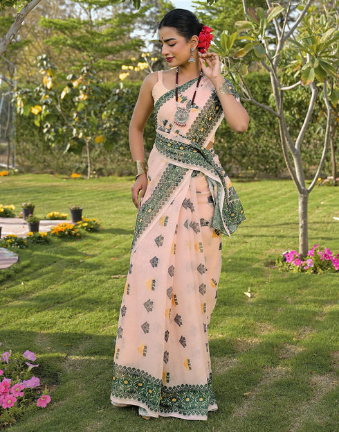 Vasthrlay Womens Printed Peach | Green Saree With Unstitched Blouse Piece