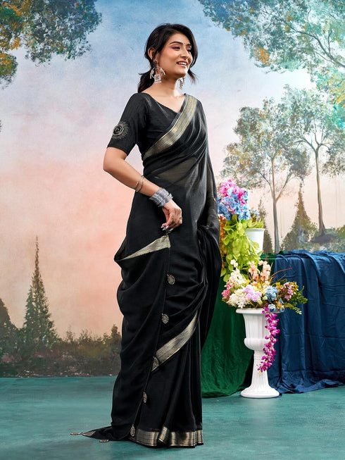 Vasthrlay Chiffon Jacquard Unstitched Black Saree