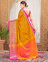 Vasthrlay Banarasi Jacquard Mustard Yellow And Pink Saree With Unstitched Blouse Piece