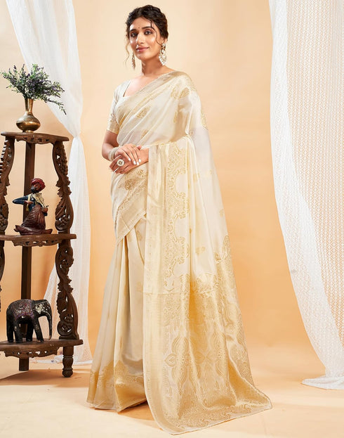 Vasthrlay Banarasi Jacquard Unstitched Off White Saree