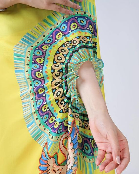 Vasthrlay Printed Kaftan Freehand Saree Yellow Soft Satin Saree