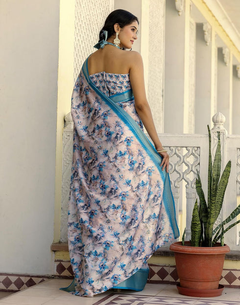 Vasthrlay Womens Printed Off White Saree With Unstitched Blouse Piece