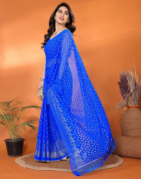 Vasthrlay Georgette Weaving Blue Saree With Unstitched Blouse Piece